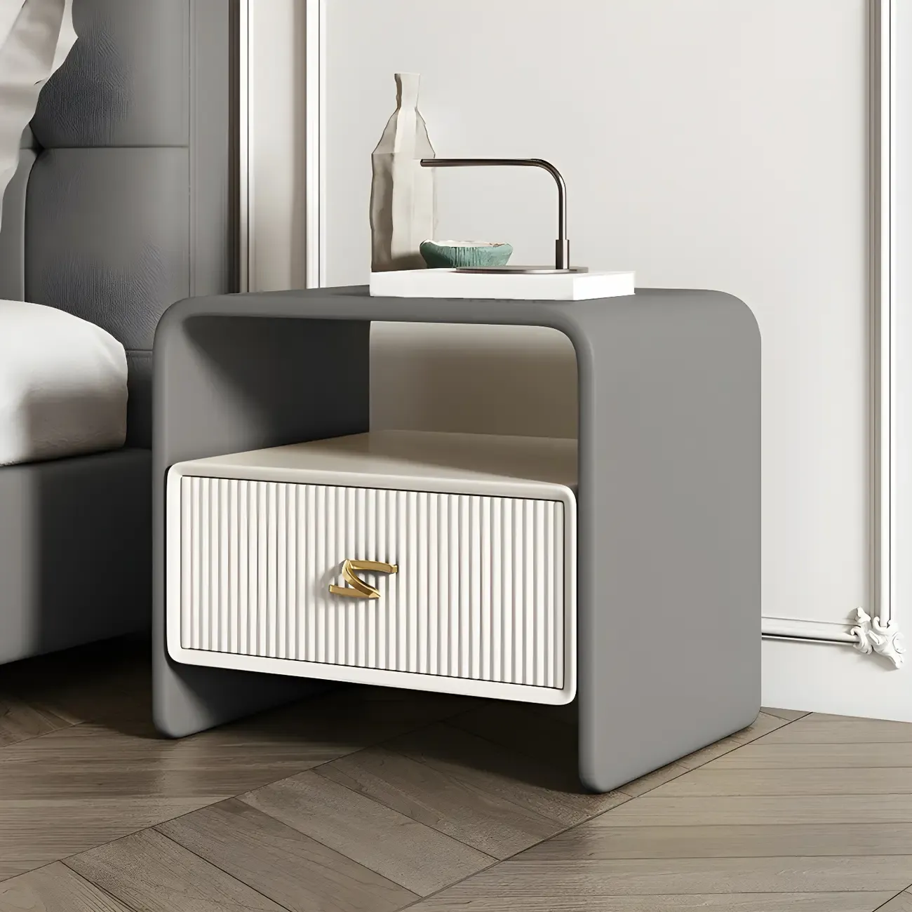 Morandi Narrow Open Back Leather Wood Nightstand Image - 13