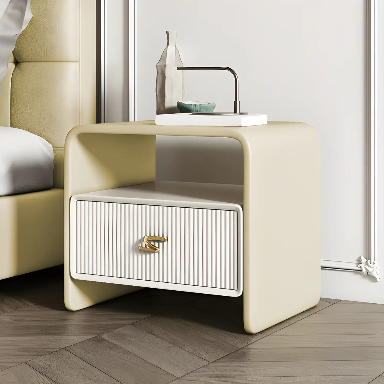 Morandi Narrow Open Back Leather Wood Nightstand Image - 16 | homeyfad