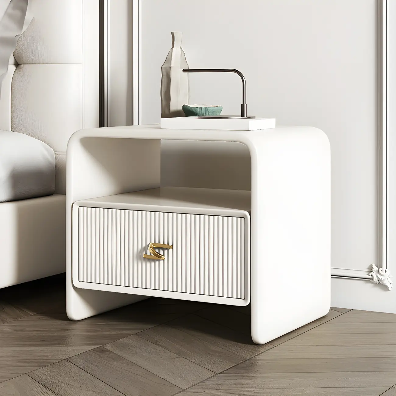 Morandi Narrow Open Back Leather Wood Nightstand Image - 17 | homeyfad