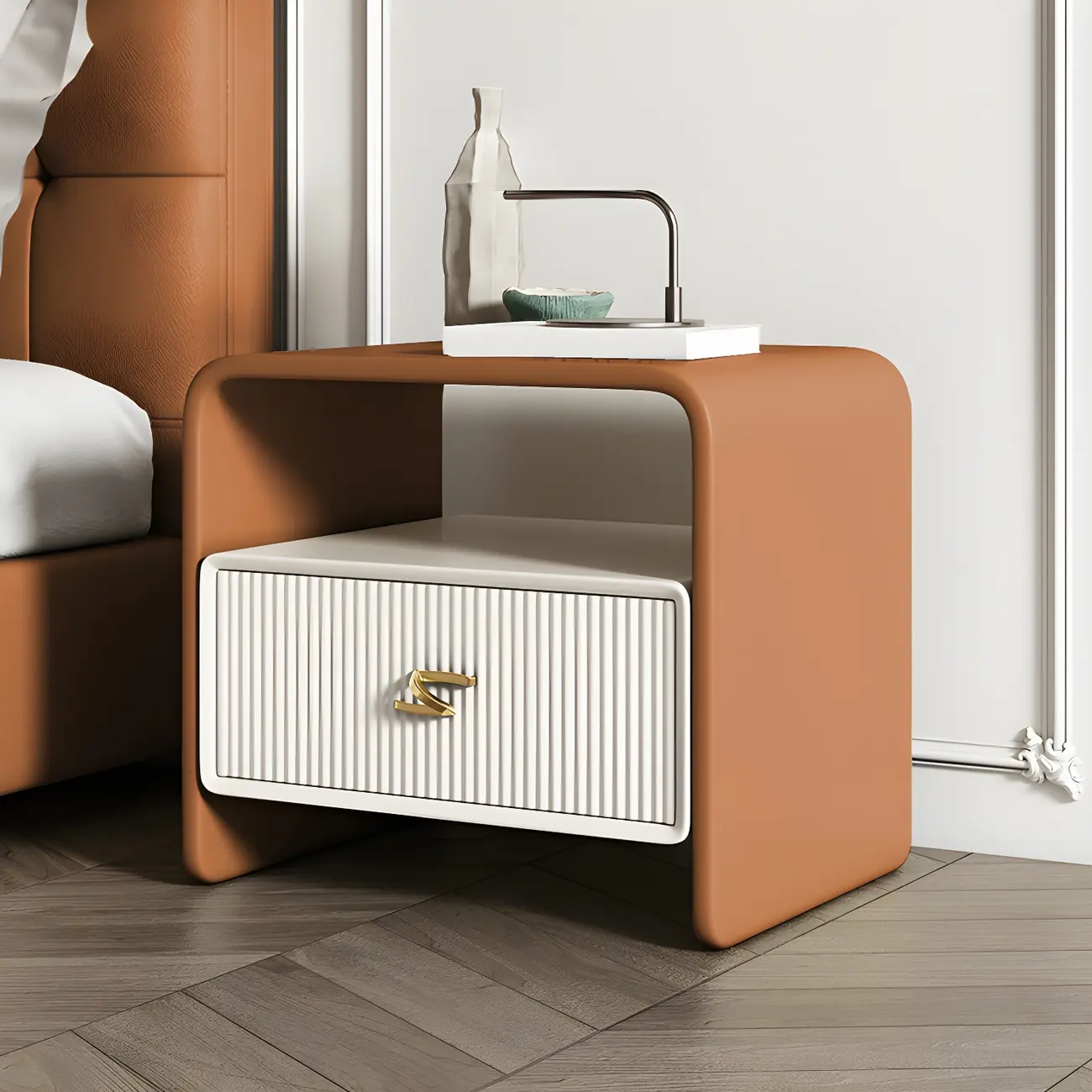 Morandi Narrow Open Back Leather Wood Nightstand Image - 19 | homeyfad