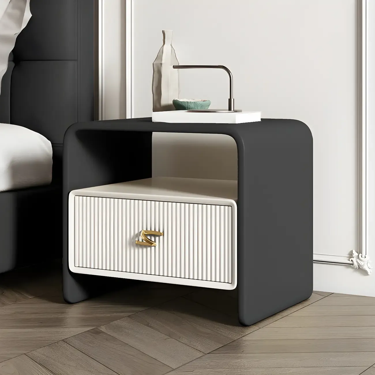 Morandi Narrow Open Back Leather Wood Nightstand Image - 24