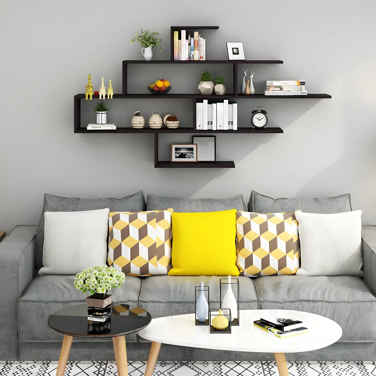 Minimalist Black Wood Geometric Wall-mounted Bookshelf Image - 5