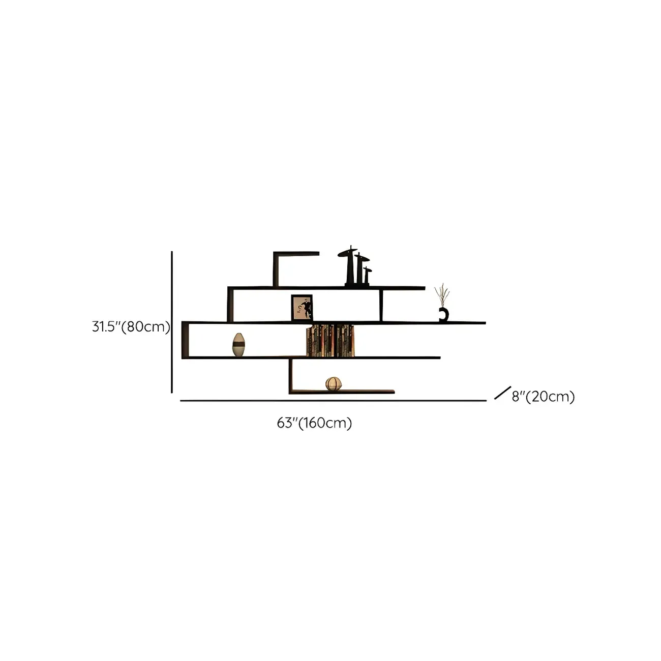 Minimalist Black Wood Geometric Wall-mounted Bookshelf #size