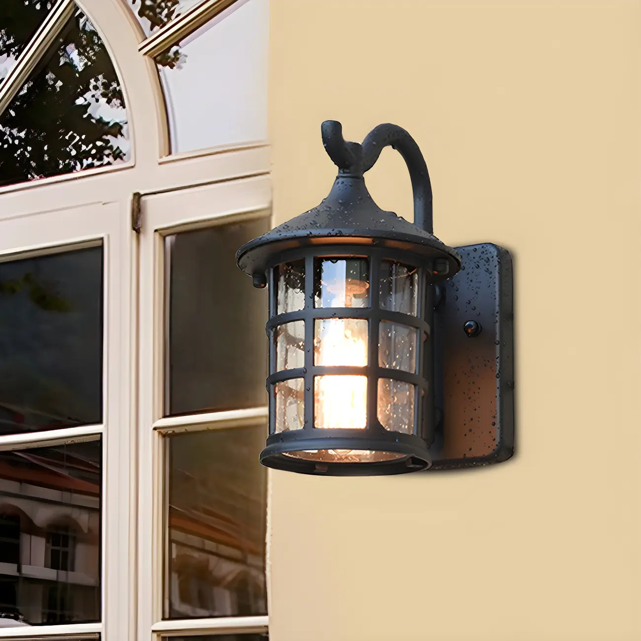 Rustic Black Metal Glass Lantern Outdoor Wall Light Image - 2 | homeyfad