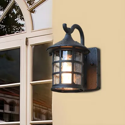 Rustic Black Metal Glass Lantern Outdoor Wall Light Image - 2