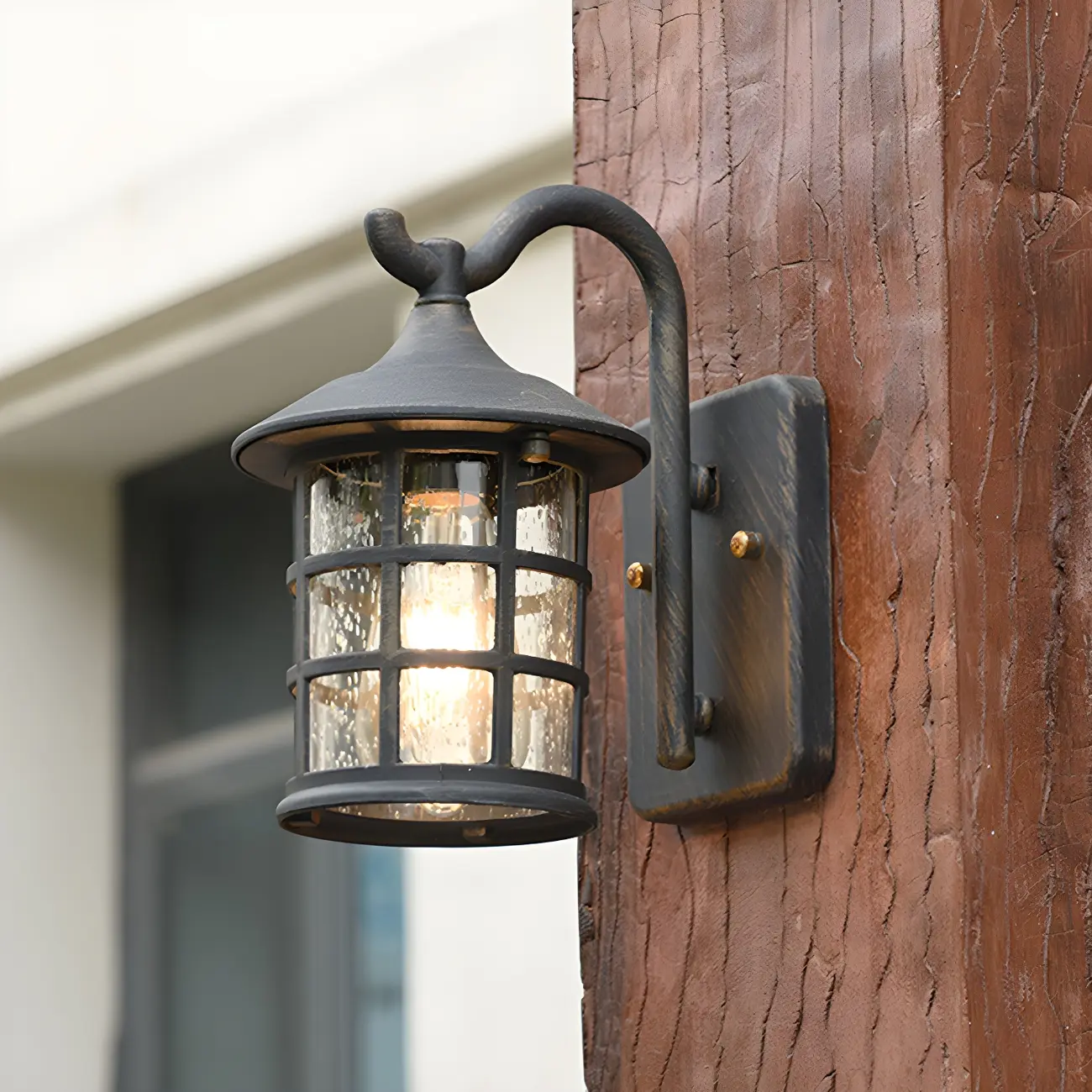 Rustic Black Metal Glass Lantern Outdoor Wall Light Image - 5 | homeyfad
