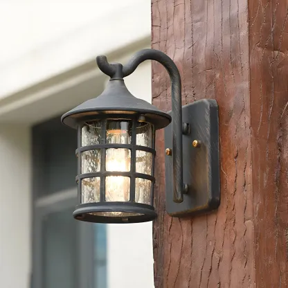 Rustic Black Metal Glass Lantern Outdoor Wall Light Image - 5