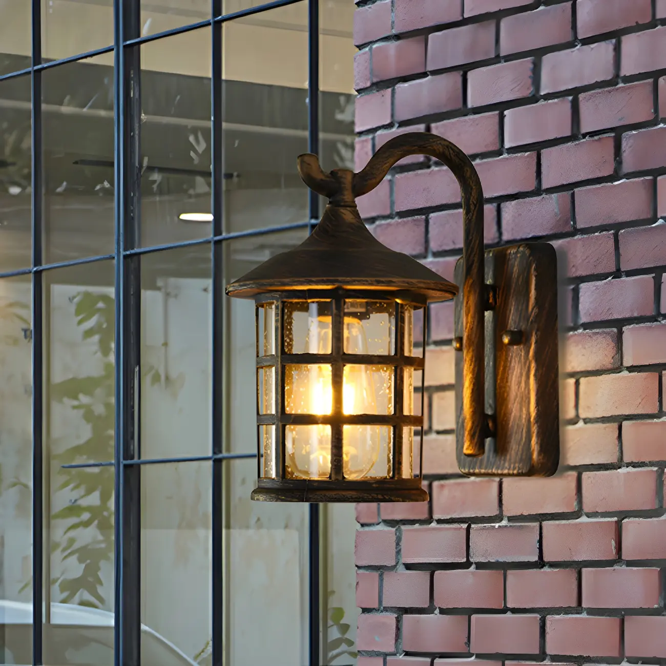 Rustic Black Metal Glass Lantern Outdoor Wall Light Image - 3 | homeyfad