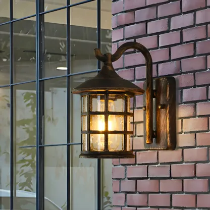 Rustic Black Metal Glass Lantern Outdoor Wall Light Image - 3