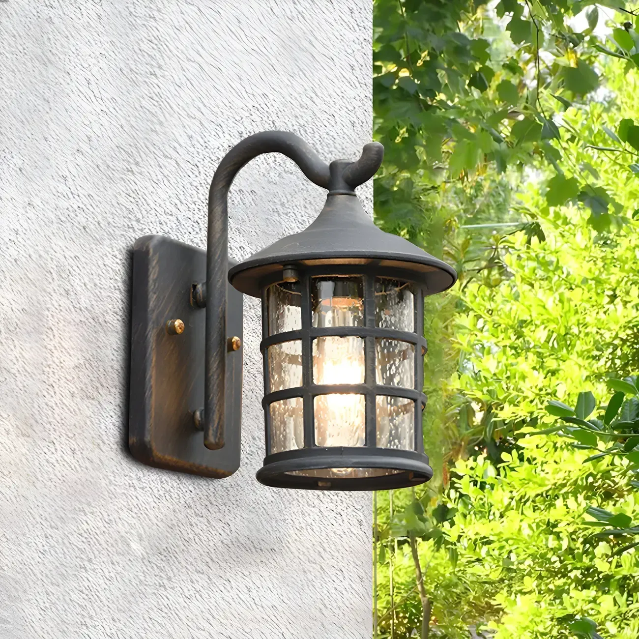 Rustic Black Metal Glass Lantern Outdoor Wall Light Image - 1