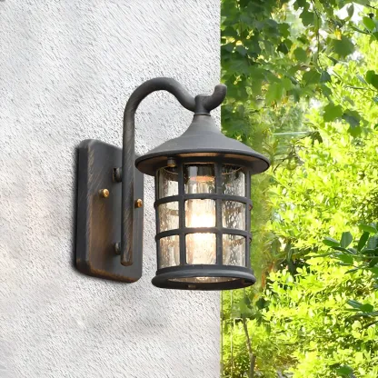 Rustic Black Metal Glass Lantern Outdoor Wall Light Image - 1