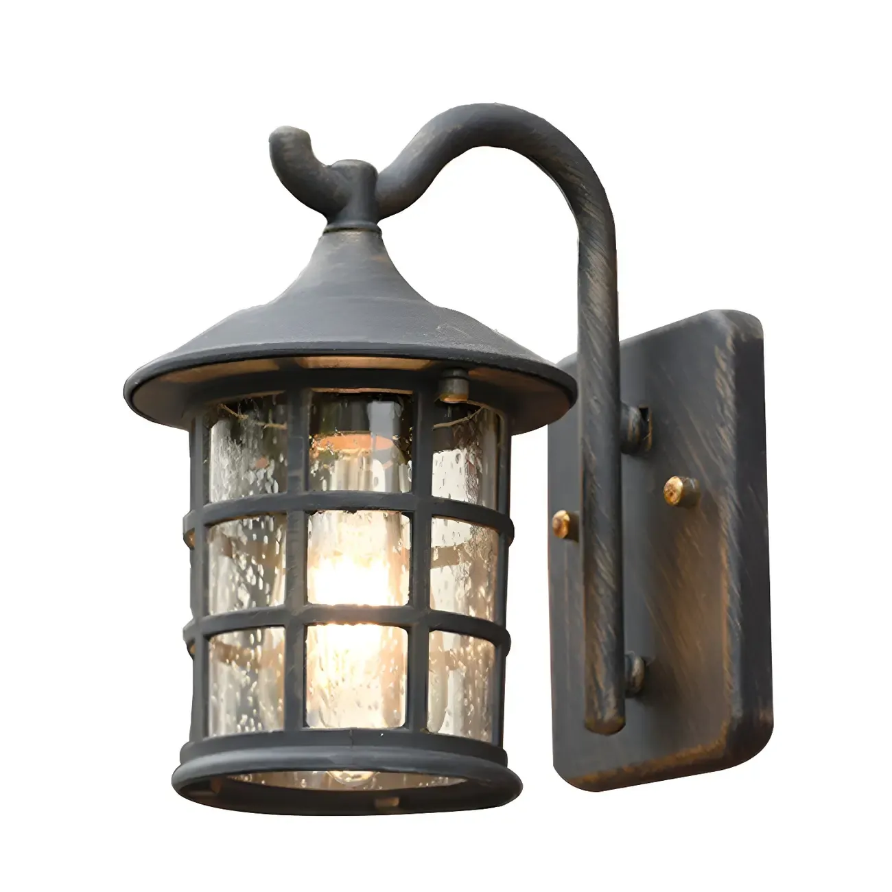 Rustic Black Metal Glass Lantern Outdoor Wall Light Image - 8