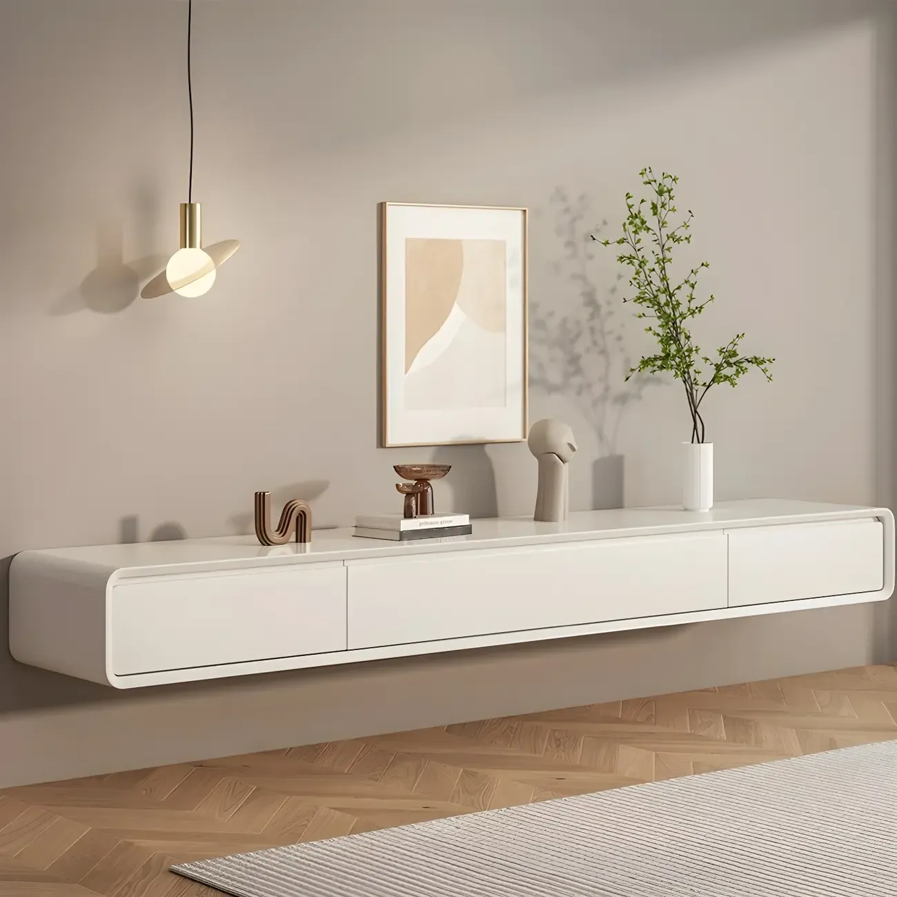 Rectangular Wall-Mounted Wood Drawers TV Stand White Image - 1