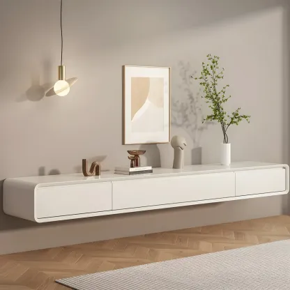 Rectangular Wall-Mounted Wood Drawers TV Stand White Image - 1