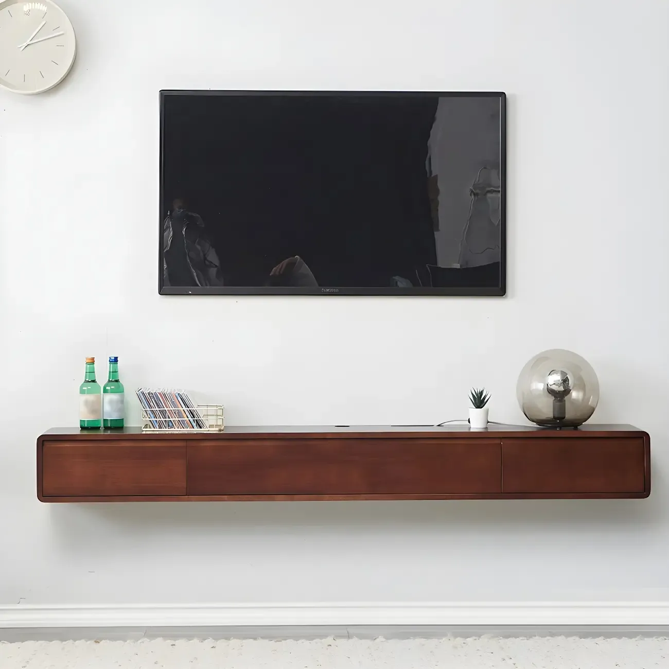 Rectangular Wall-Mounted Wood Drawers TV Stand White Image - 4