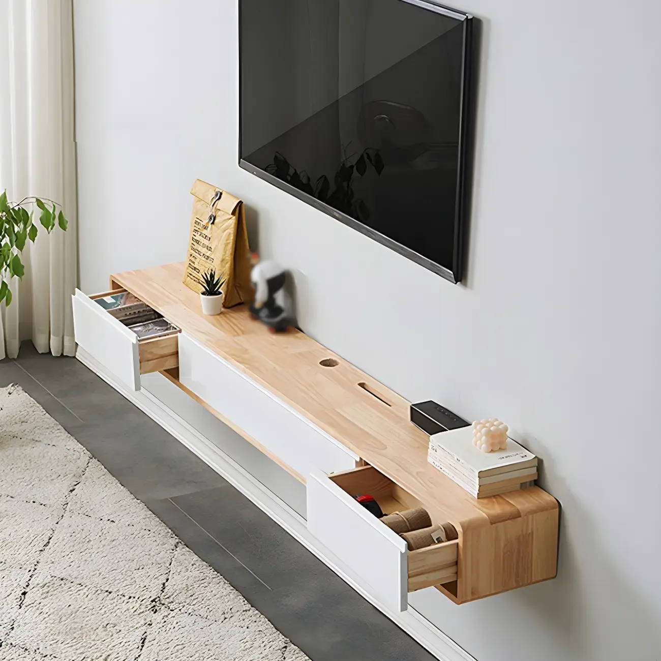 Rectangular Wall-Mounted Wood Drawers TV Stand White Image - 5