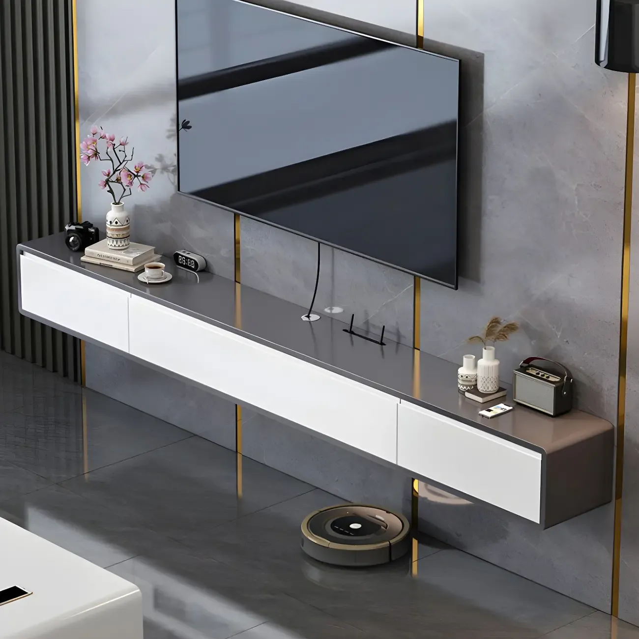 Rectangular Wall-Mounted Wood Drawers TV Stand White Image - 6