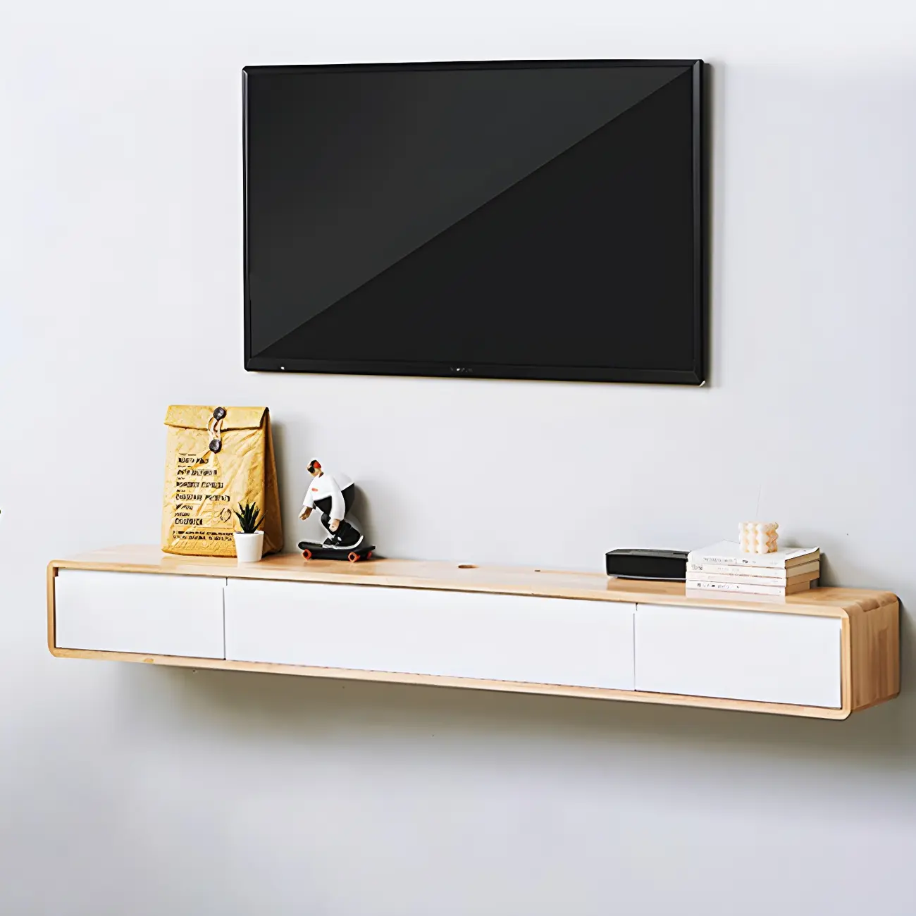 Rectangular Wall-Mounted Wood Drawers TV Stand White Image - 9 | homeyfad