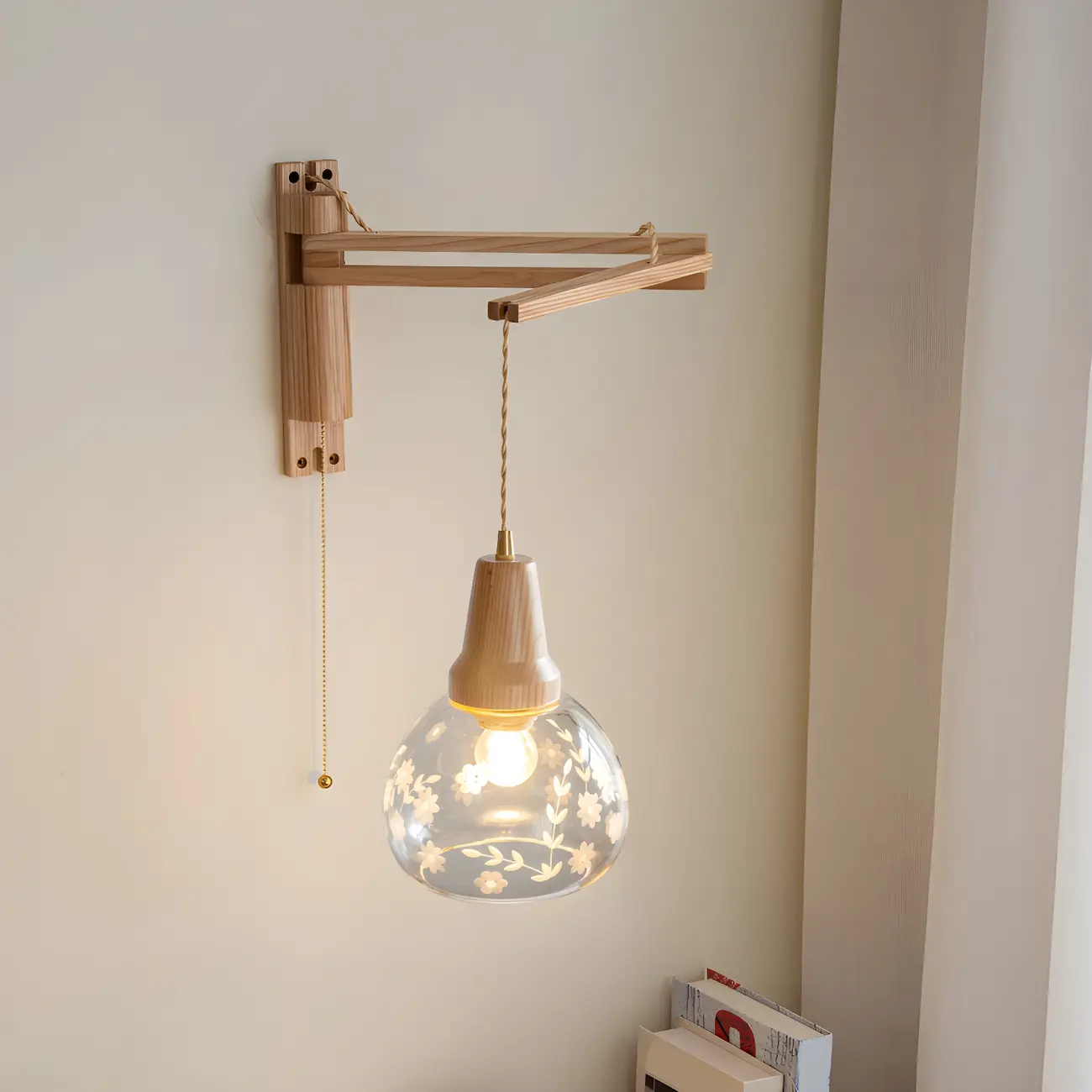 Rustic Wood Clear Glass Swing Arm Wall Light Image - 3 | homeyfad