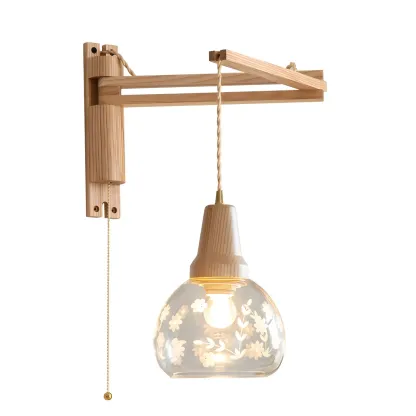 Rustic Wood Clear Glass Swing Arm Wall Light Image - 5