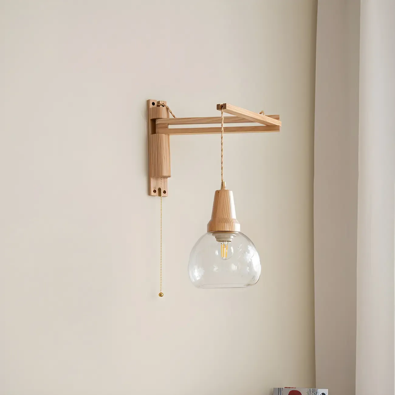 Rustic Wood Clear Glass Swing Arm Wall Light Image - 4