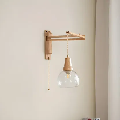 Rustic Wood Clear Glass Swing Arm Wall Light Image - 4