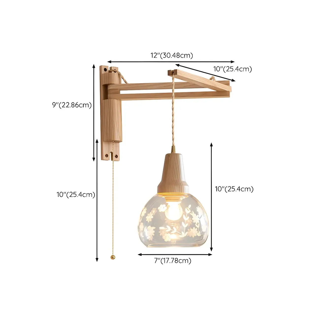 Rustic Wood Clear Glass Swing Arm Wall Light #size