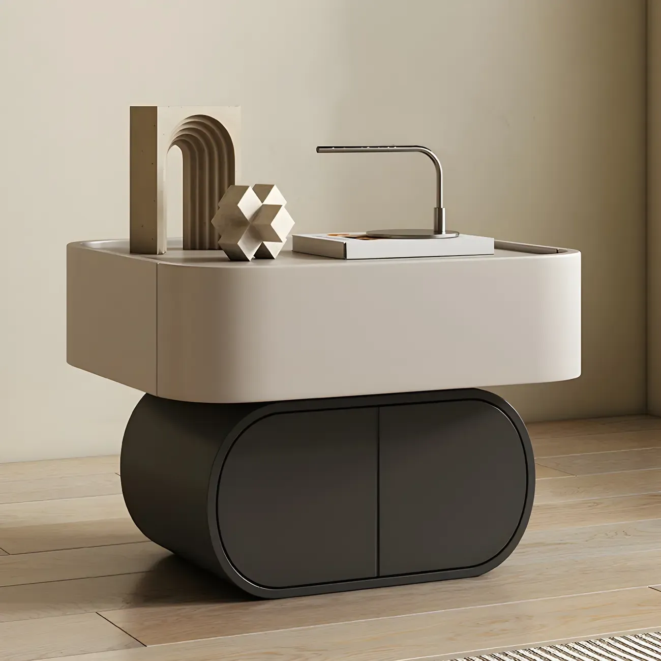 Two-color Wood Beige 2 Drawers Beside Nightstand Image - 1