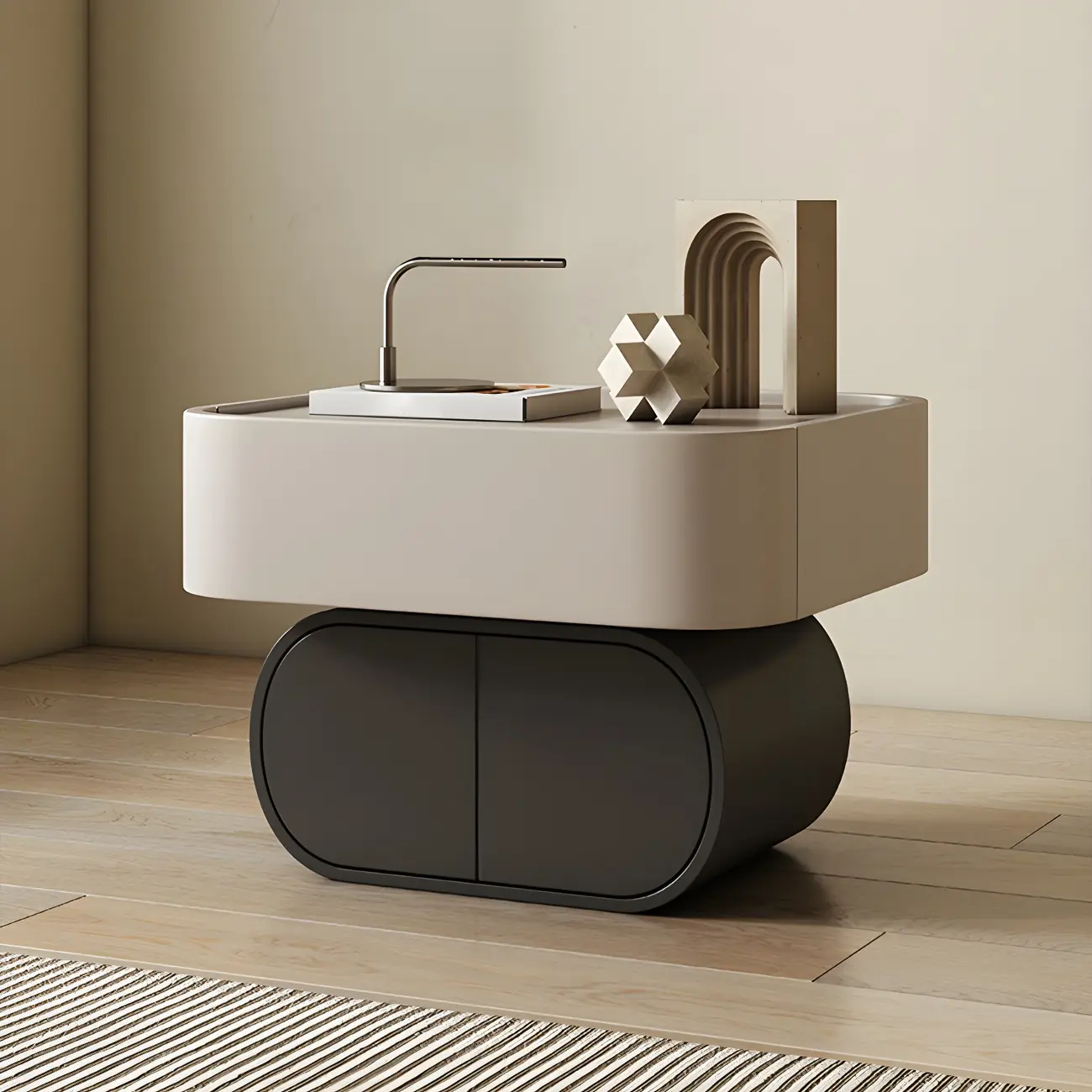 Two-color Wood Beige 2 Drawers Beside Nightstand Image - 2 | homeyfad