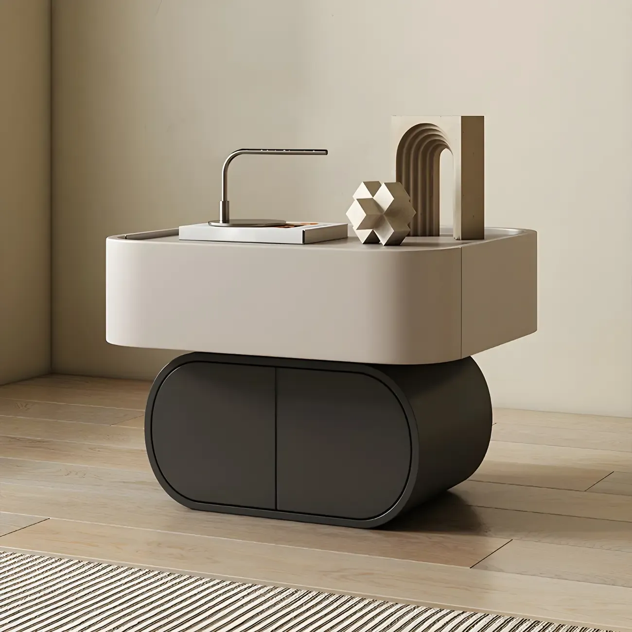 Two-color Wood Beige 2 Drawers Beside Nightstand Image - 2