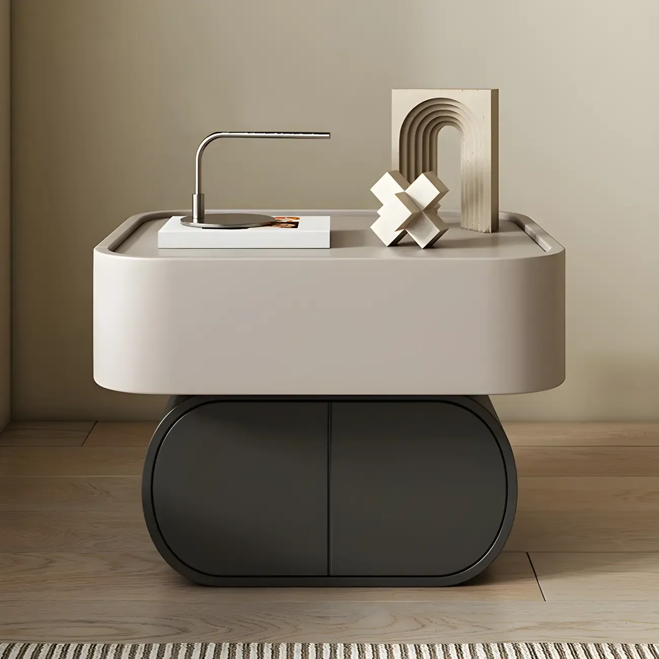 Two-color Wood Beige 2 Drawers Beside Nightstand Image - 3