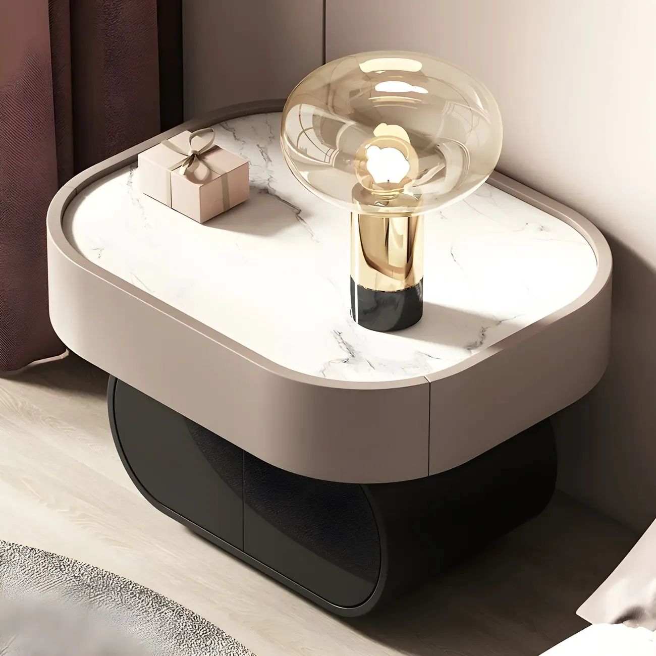 Two-color Wood Beige 2 Drawers Beside Nightstand Image - 5