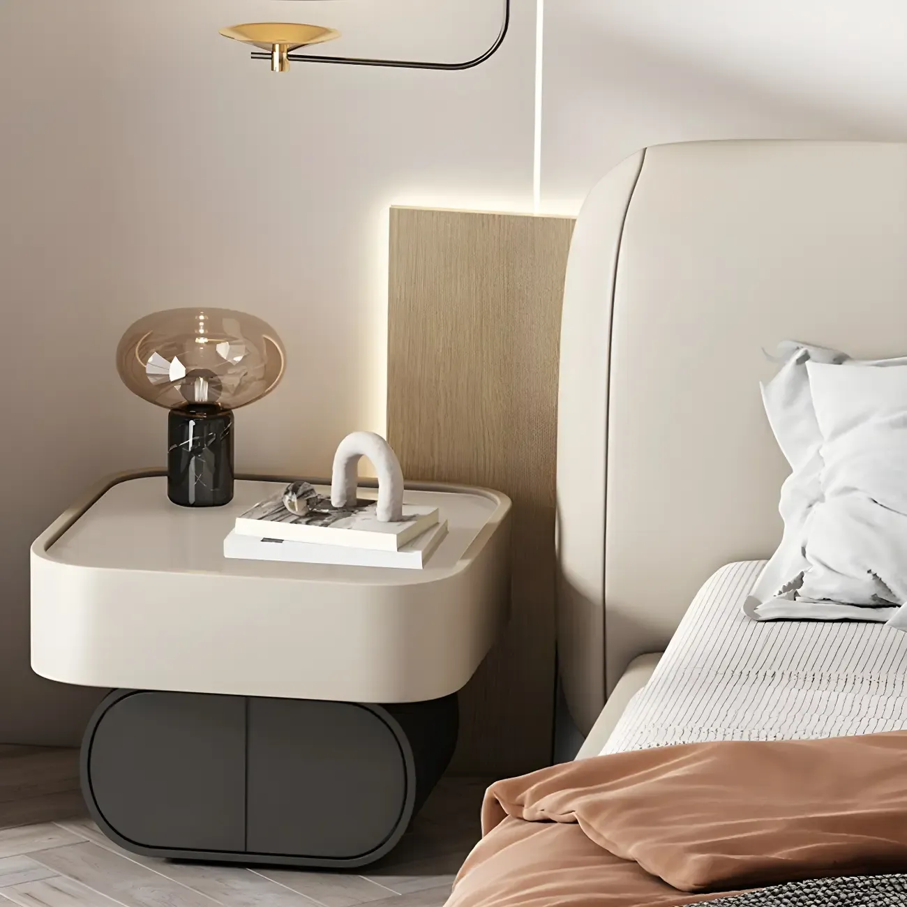 Two-color Wood Beige 2 Drawers Beside Nightstand Image - 12