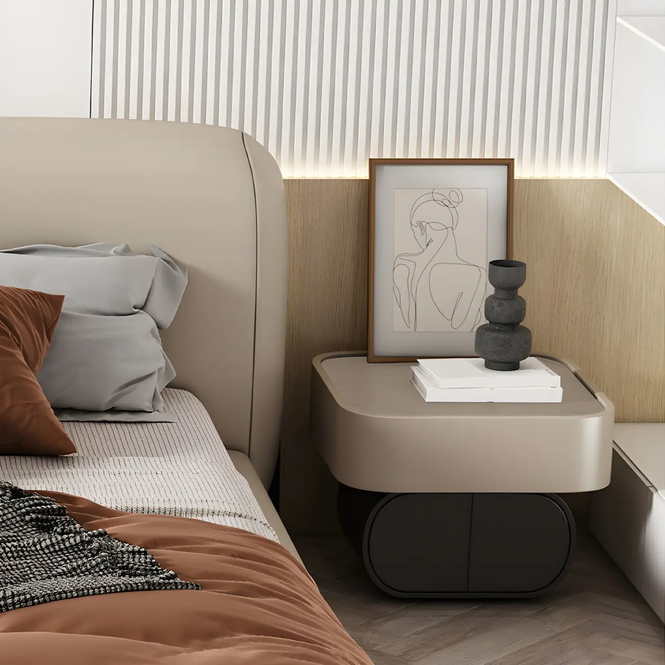 Two-color Wood Beige 2 Drawers Beside Nightstand Image - 14 | homeyfad