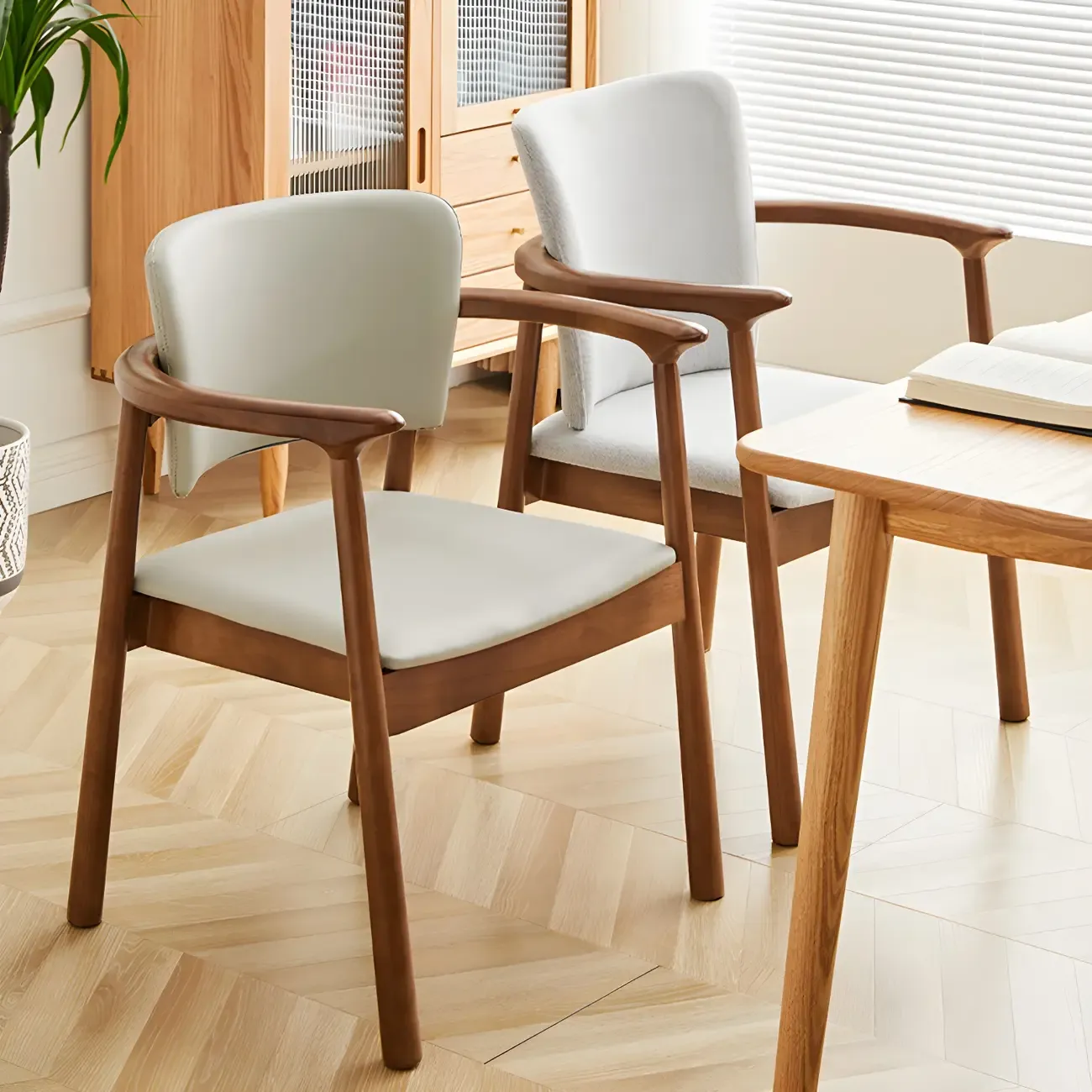 Modern Upholstered Rubberwood Arm Dining Chair Set of 2 Image - 4