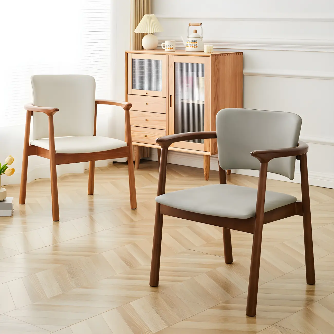 Modern Upholstered Rubberwood Arm Dining Chair Set of 2 Image - 21 | homeyfad