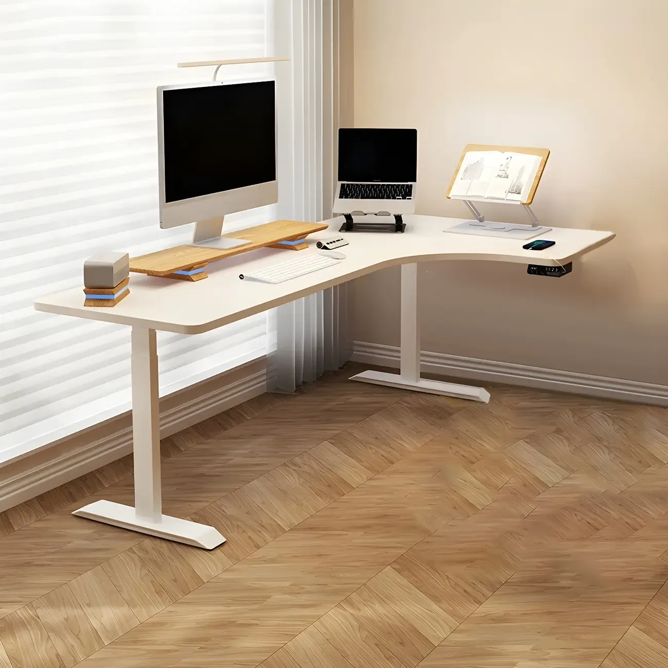 Contemporary White Wooden L-Shaped Adjustable Standing Desk Image - 2