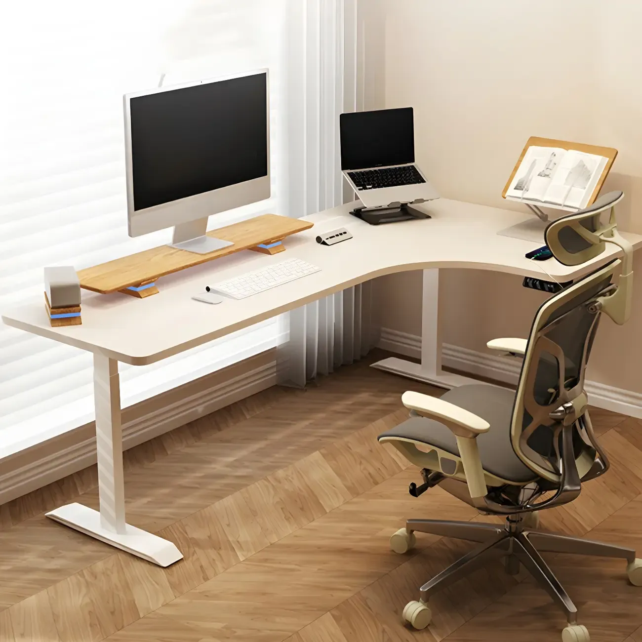 Contemporary White Wooden L-Shaped Adjustable Standing Desk Image - 1