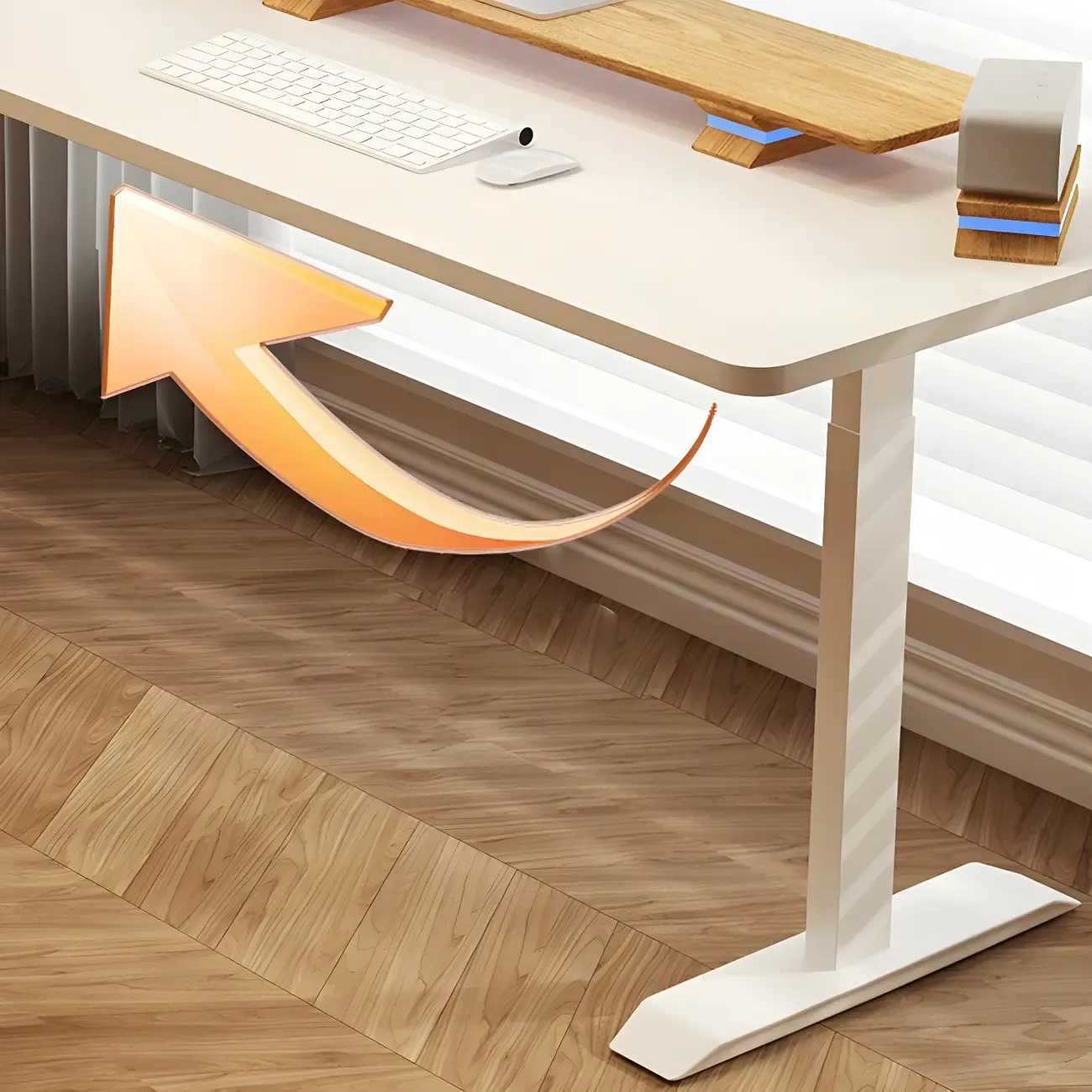 Contemporary White Wooden L-Shaped Adjustable Standing Desk Image - 7
