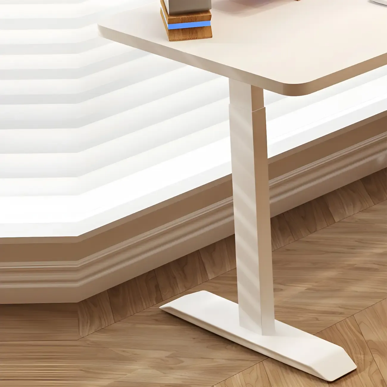 Contemporary White Wooden L-Shaped Adjustable Standing Desk Image - 10