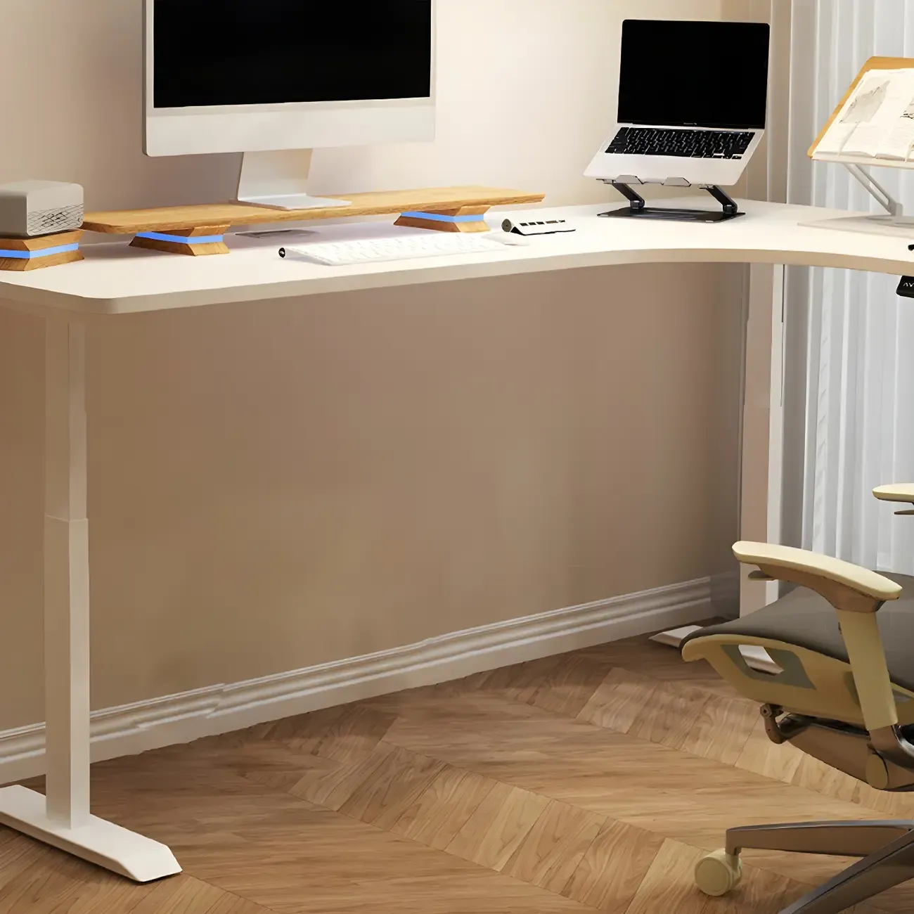 Contemporary White Wooden L-Shaped Adjustable Standing Desk Image - 11