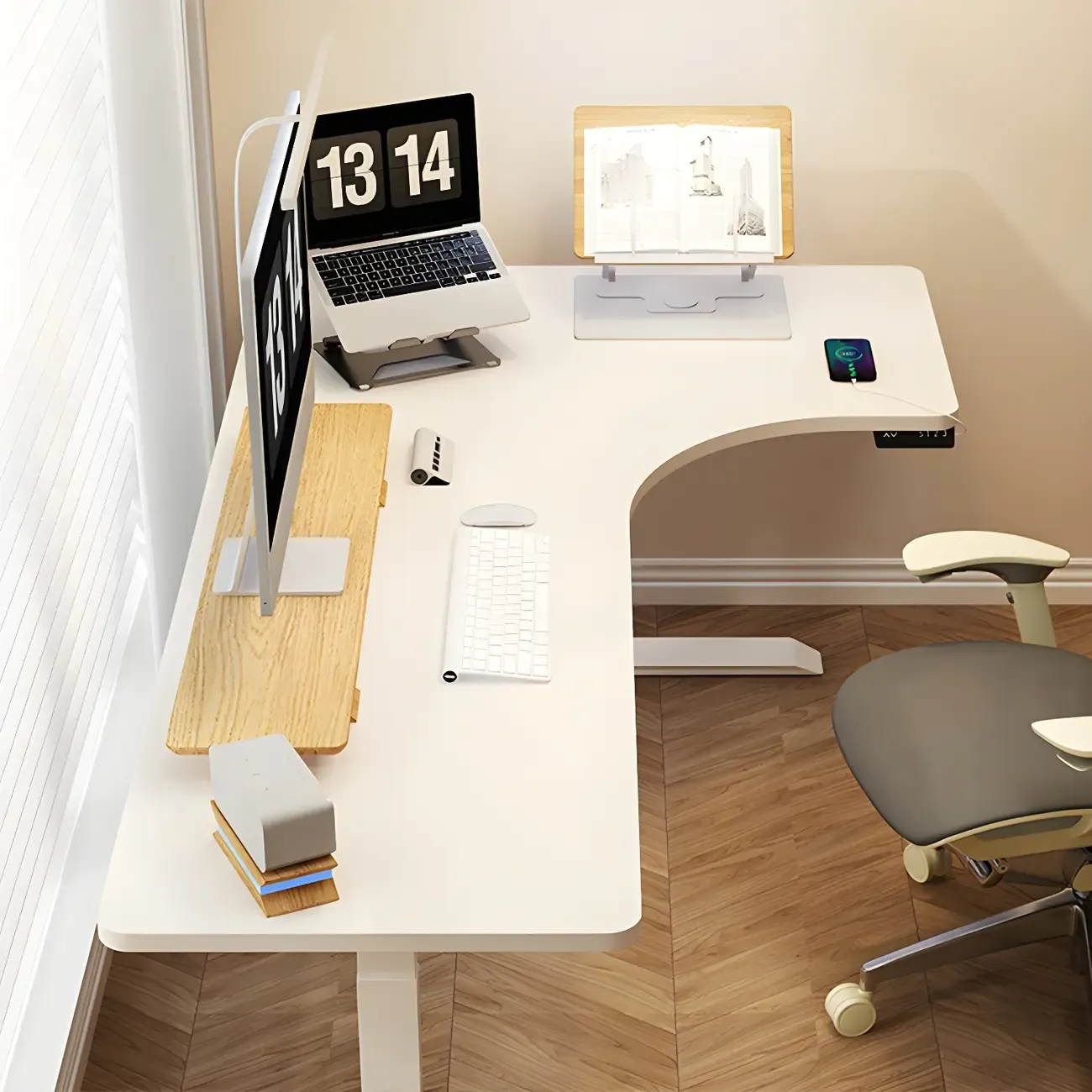 Contemporary White Wooden L-Shaped Adjustable Standing Desk Image - 3