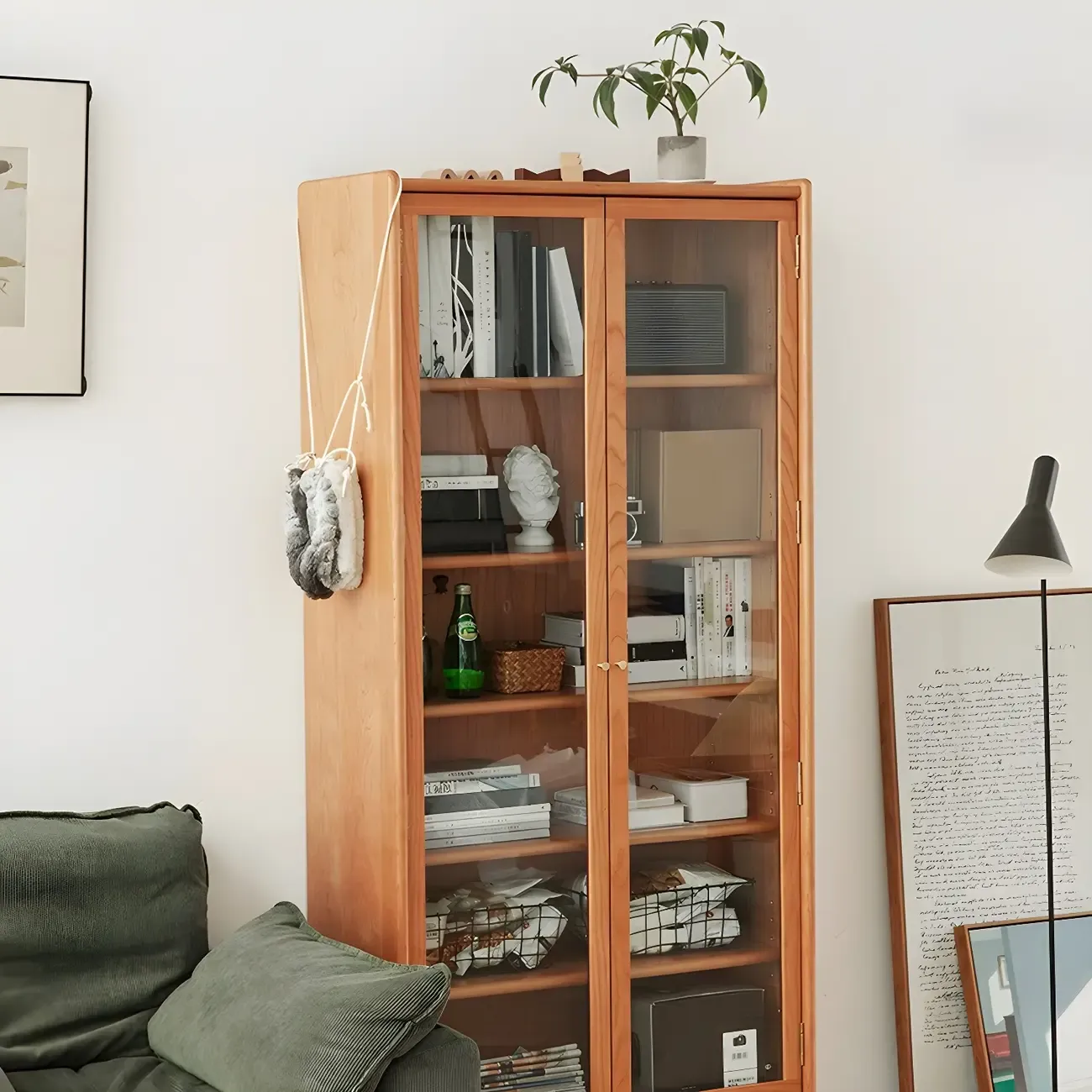 Retro Cherry Wood Glass Display Curio Cabinet for Living Room Image - 2