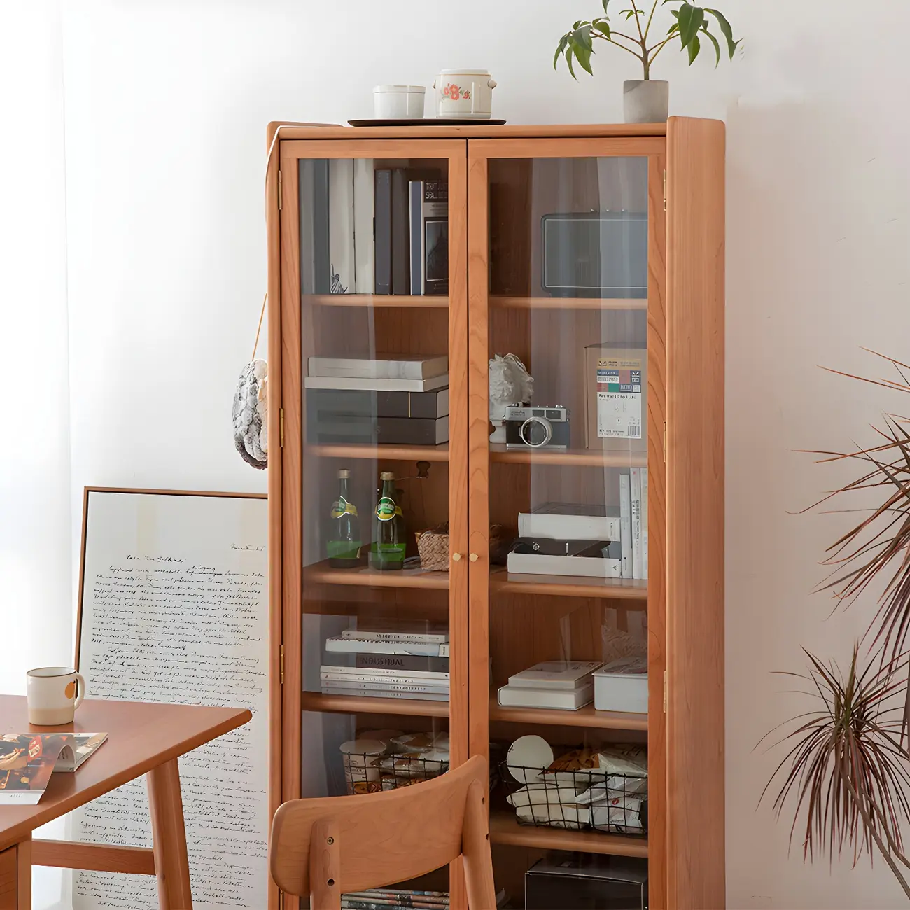 Retro Cherry Wood Glass Display Curio Cabinet for Living Room Image - 3 | homeyfad