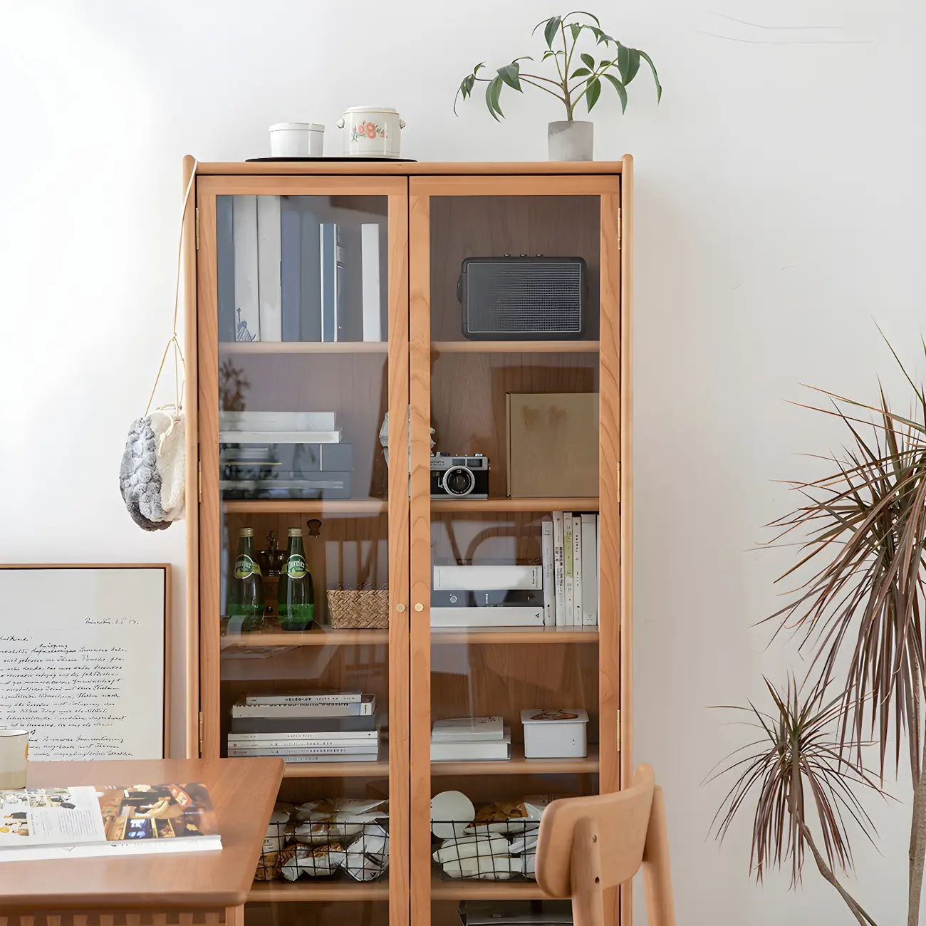 Retro Cherry Wood Glass Display Curio Cabinet for Living Room Image - 4 | homeyfad