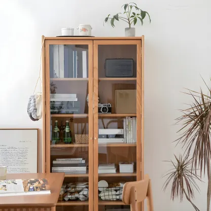 Retro Cherry Wood Glass Display Curio Cabinet for Living Room Image - 4