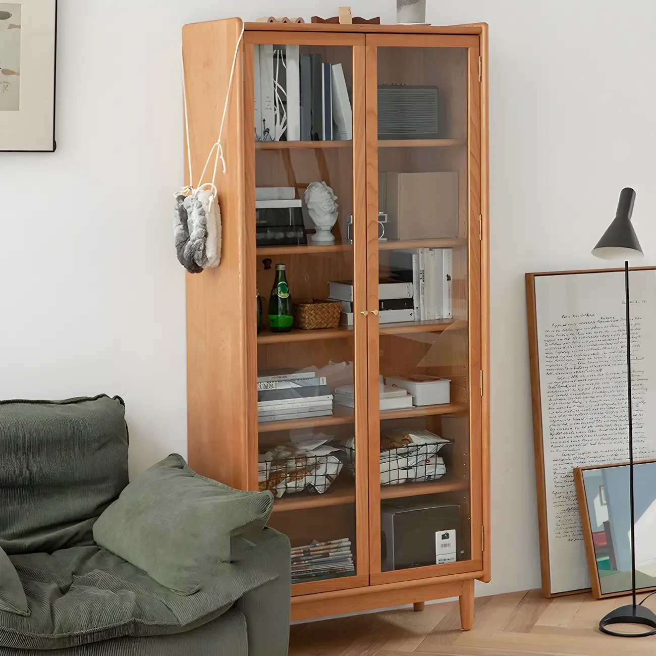 Retro Cherry Wood Glass Display Curio Cabinet for Living Room Image - 1