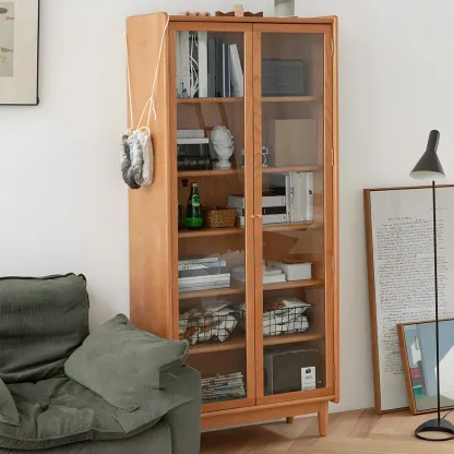 Retro Cherry Wood Glass Display Curio Cabinet for Living Room Image - 1