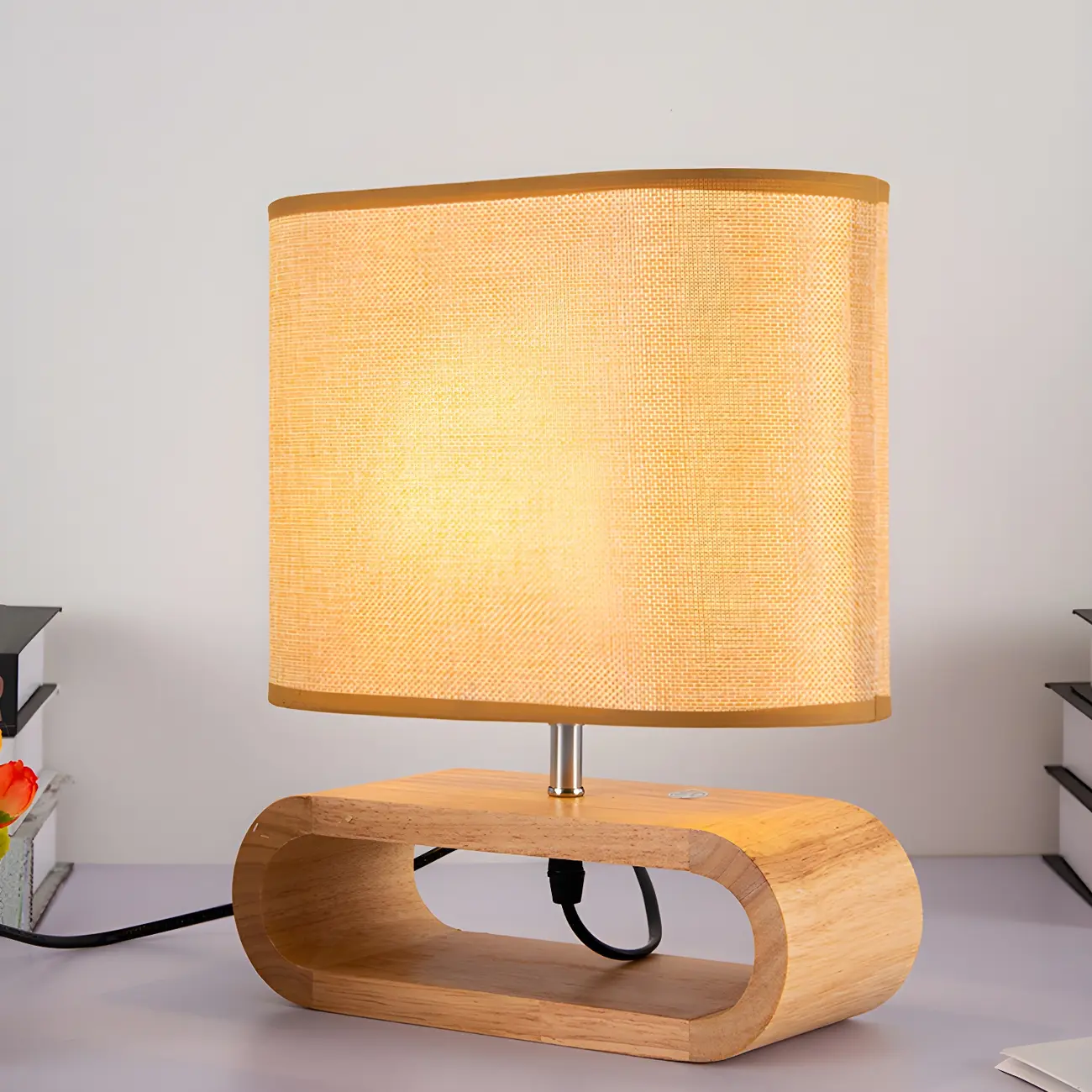 Bedside Wood LED Plug In Table Lamp in Fabric Shade Image - 1 | homeyfad