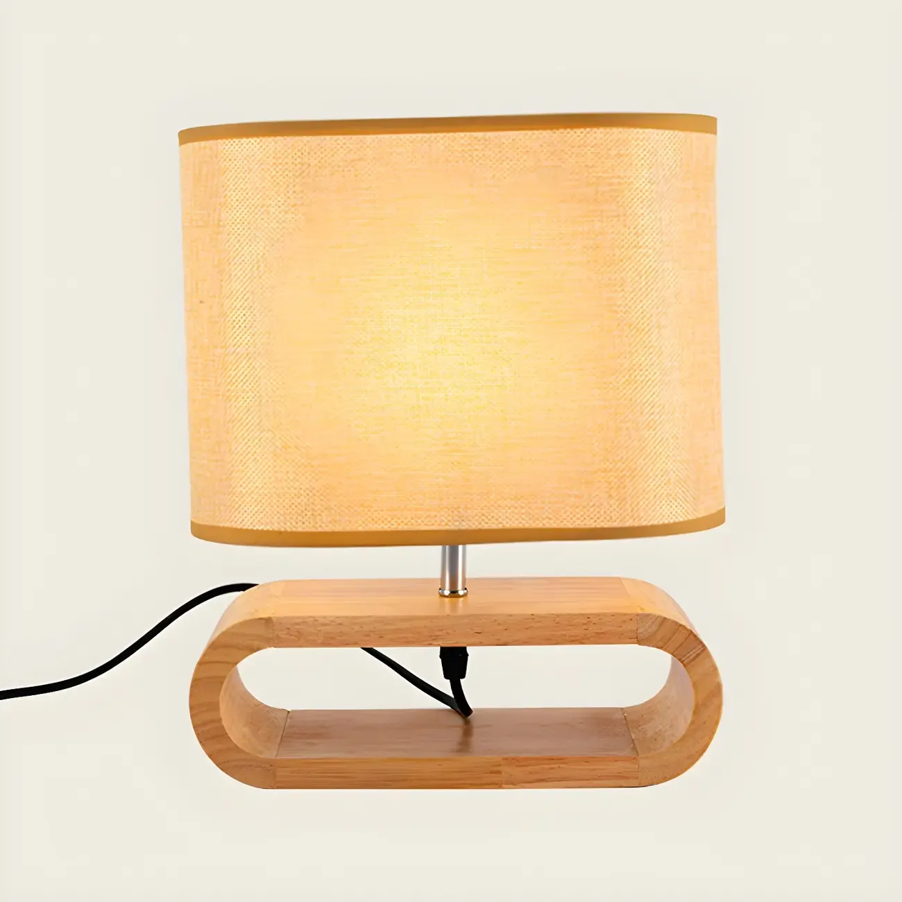 Bedside Wood LED Plug In Table Lamp in Fabric Shade Image - 2